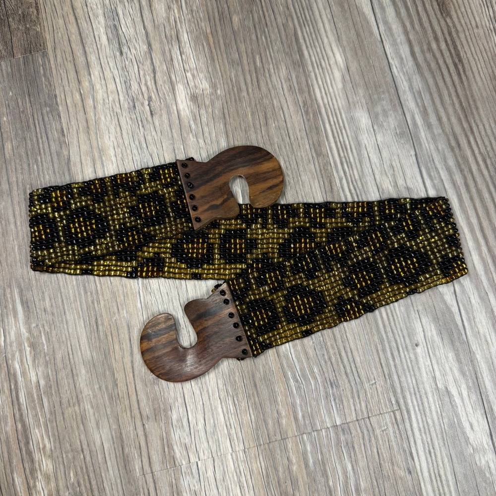 Vintage Beaded Leopard Print Stretchy Belt Gold Black Wood Buckle Mob Wife Boho